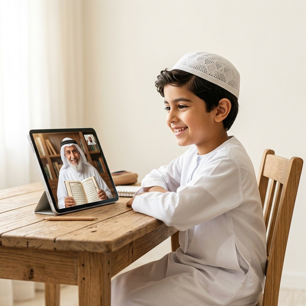 طفل يقرأ القرآن من جهاز لوحي